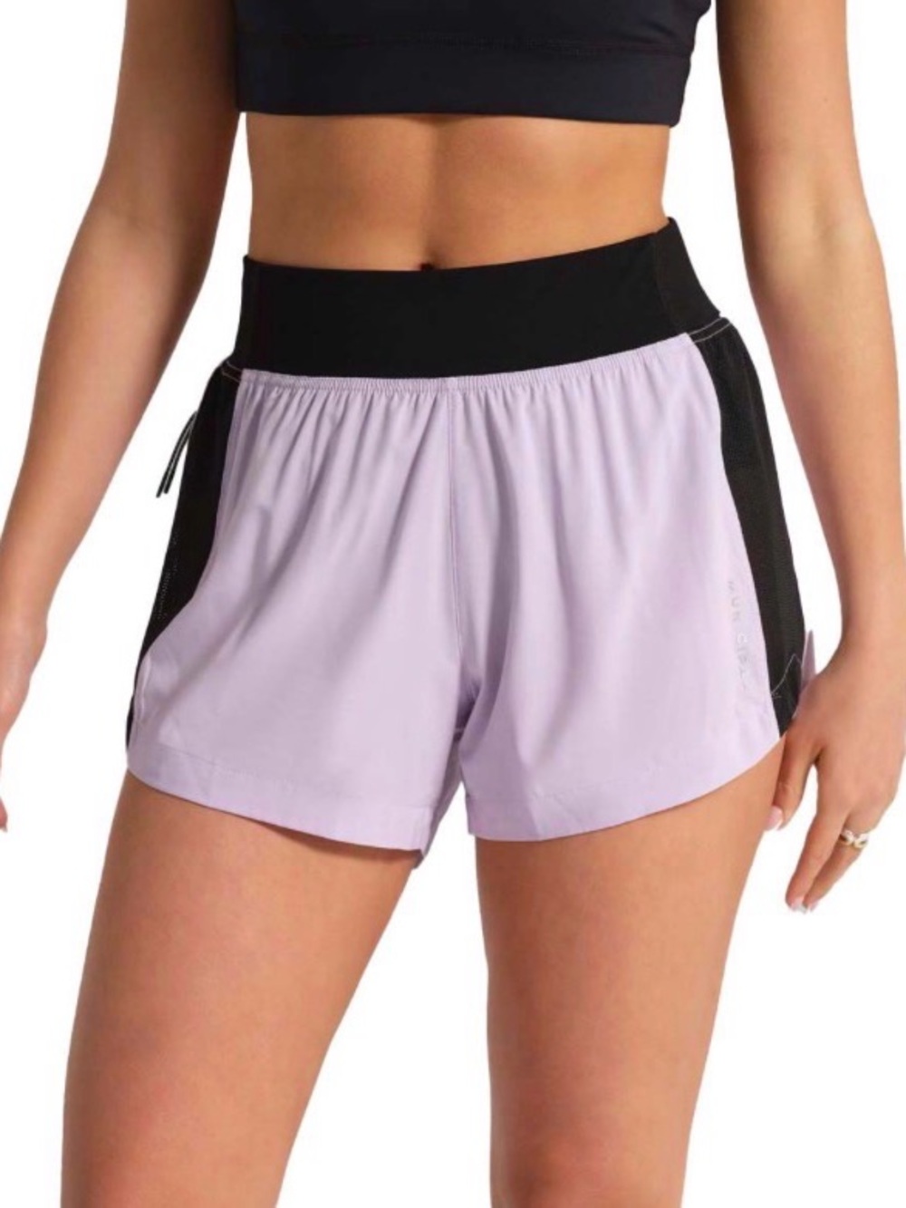 Lavender Athletic Shorts with Black Waistband and Side Panels